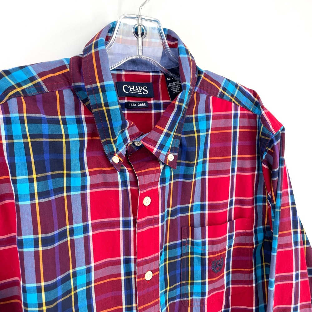 Chaps Easy Care Plaid Button Down Shirt Mens XL Red Blue Multi Long Sleeve